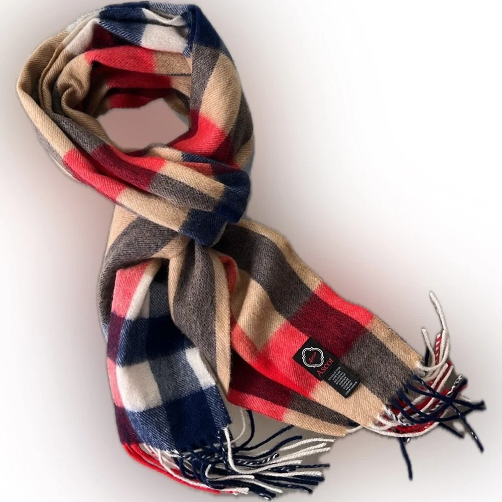 🐑🇩🇪Soft Wool & Cashmere Fringed Men’s or Women’s Tan/Red/Blue/White Plaid Scarf